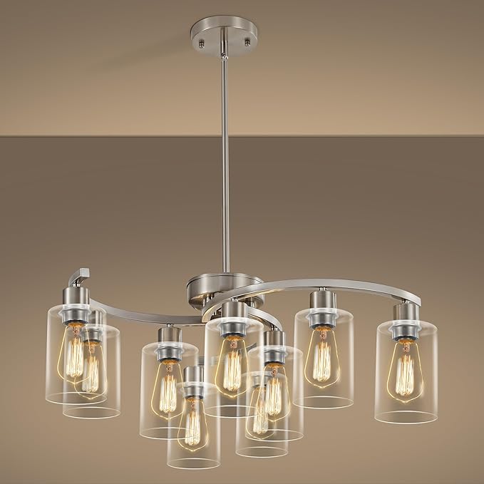 9-Light Brushed Nickel Kitchen Light Fixtures ，29.5" Large Chandeliers for Dining Room， Modern Dining Table Light Fixture，Metal Bracket Pendant Lighting with Downward Clear Glass Shade