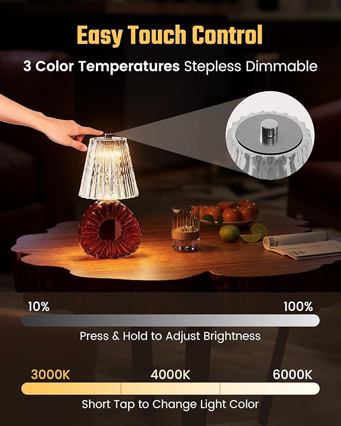 Wireless Bottle Lamp USB Rechargeable with Crystal Lampshade, 3-Color Touch Control Bottle Light Smooth Dimming, Wine Bottle Lamp for Bar Décor, Home, Kitchen & Party Lighting, 1-Pack