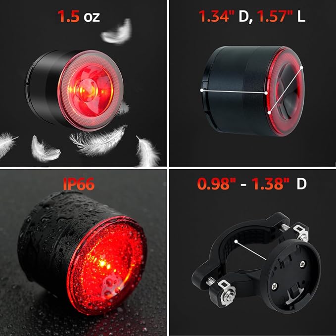 Cruxer Ultra Bright Bike Tail Light 200 Lumen Compact Bicycle Rear Light, USB-C Rechargeable, Smart Brake Sensing up to 300 Lumen, 8 Light Intensity Levels, 4 Lighting Modes, IP66 Waterproof
