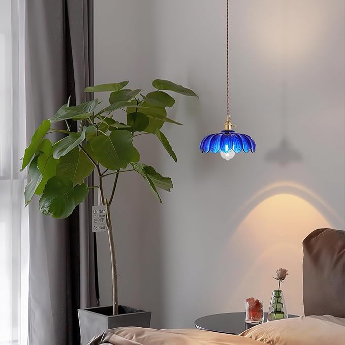 Plug in Pendant Light: Bule Hanging Light Plug in Fixture Hanging Lamp, Glass Pendant Lighting for Kitchen Island, Bedroom, Dining Room, Living Room, E26 No Bulb