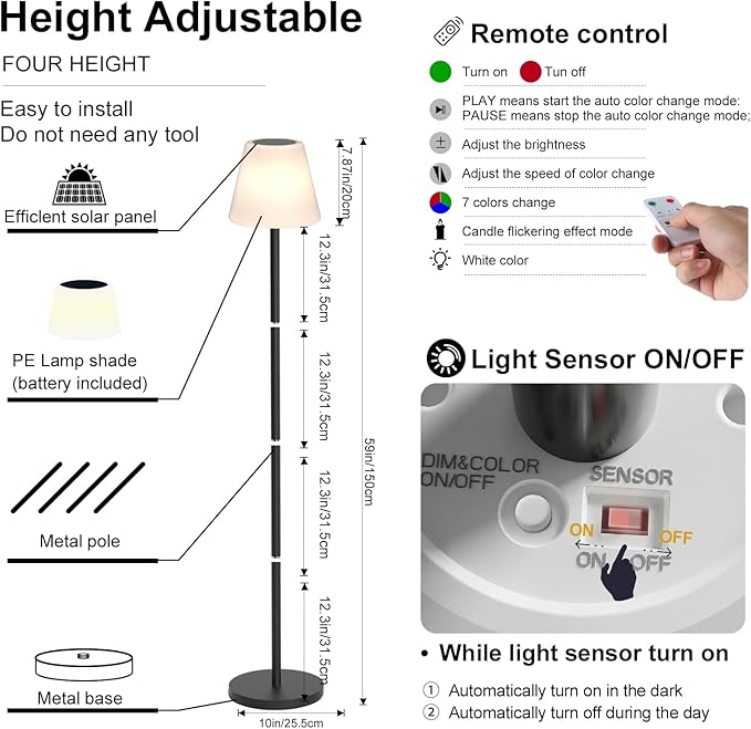 Solar Outdoor Floor Lamp with Light Sensor,Solar+USB Charging Outdoor Lamps for Patio Waterproof Rechargeable Floor Lamp Cordless Dimmable Warm White RGB LED Patio Lamp for Yard Garden Lawn.