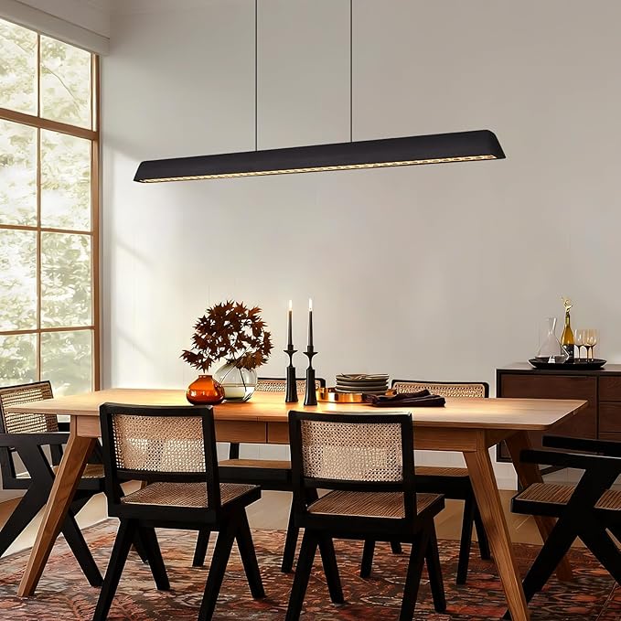 Wood Linear Pendant Light, Dimmable Kitchen Island Lighting with Remote, 30W LED Island Lights for Kitchen, Adjustable Linear Chandelier for Dinning Room Light Fixture (Black, 45inch)