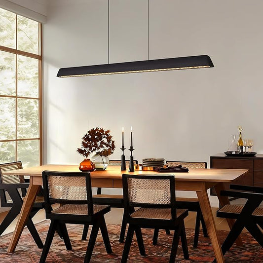 Wood Linear Pendant Light, Dimmable Kitchen Island Lighting with Remote, 30W LED Island Lights for Kitchen, Adjustable Linear Chandelier for Dinning Room Light Fixture (Black, 45inch)