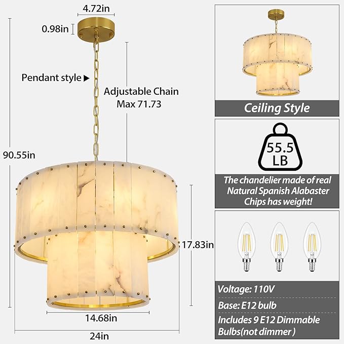 Alabaster Chandelier D24in Spanish Natural Marble Round Chandeliers,2 Tiers Alabaster Pendant Light,Modern Dining Room Chandelier, Dimmable Gold Chandeliers for Bedroom,Foyer,Bathroom,Entryway