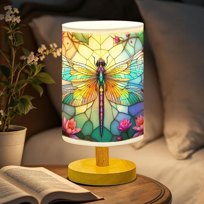 Dragonfly Table Lamp LED 3-Color Pressed Bedside, Dragonfly Shade Lamp with Wood Base for Bedroom Living Room Desk Office TL01