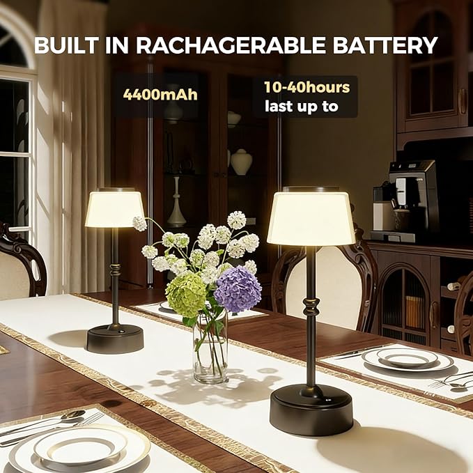 LED Cordless Lamp, 5 Colors Stepless Dimming Table Lamp, Built-in 4400mAh Rechargeable Battery with USB Charging Port, Portable Touch Bedside Light for Patio, Restaurant, Dining(1, Black)