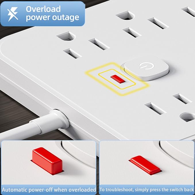 Surge Protector Power Strip 10 FT Flat Plug, 1875W/10A, 13 Multiple AC Outlets with 3 USB-A 3 USB C, One Touch Switch Button,Perfect for Home, Office, or Travel Use. White