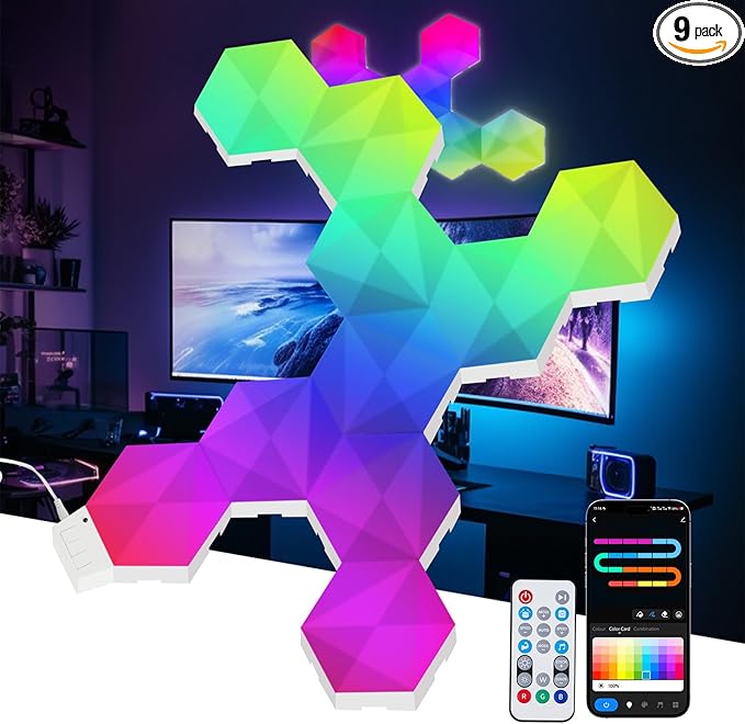 Pak Hexagon Lights 9 Packs DIY LED Light, RGB+IC Creative Gaming Lights Wall Décor with Remote, with APP Smart Modular Panel Hex Tiles, Push Glide Expansion Shape with Music Sync, Voice Control