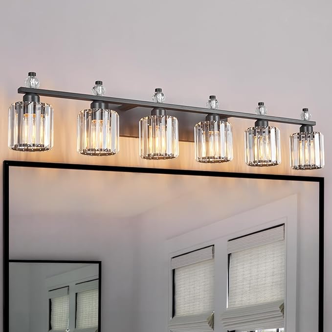 Bathroom Vanity Lights 6-Light Sand Black Modern Crystal Vanity Light Fixtures Over Mirror Crystal Bathroom Vanity Lighting Fixtures