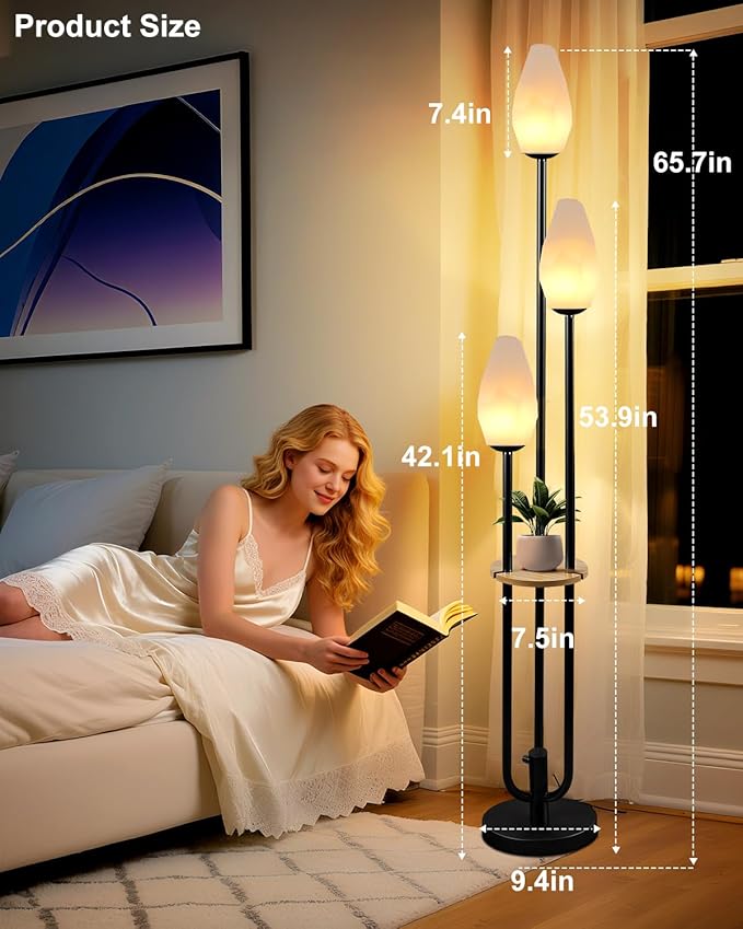 Black Floor Lamp with Tray, 3-Lights Dimmable Floor Lamps with Rock-Shaped Shade, Unique Candle Holder Style Modern Tall Standing Lamp for Living Room/Party(Bulbs Included)