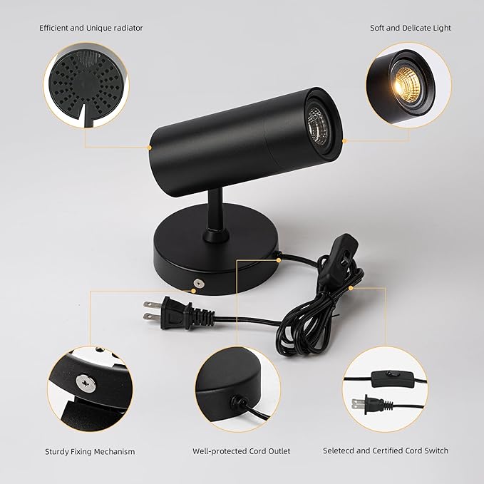 Aisilan Plug in Spotlight Fixtures with On/Off Switch, 7W Replaceable GU10 Bulb Adjustable Spotlight Indoor, Warm White 3000K Wall Sconce for Living Room Bedroom Plant Picture Accent Lighting (Black)