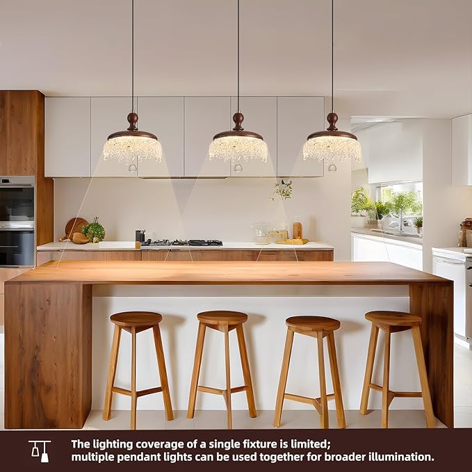 Farmhouse Wood Pendant Light,LED Hanging Pendant Light with Walnut Finish,Warm 3000K Wood Chandelier for Kitchen Island,Dining Room,Entryway（1 Pack）
