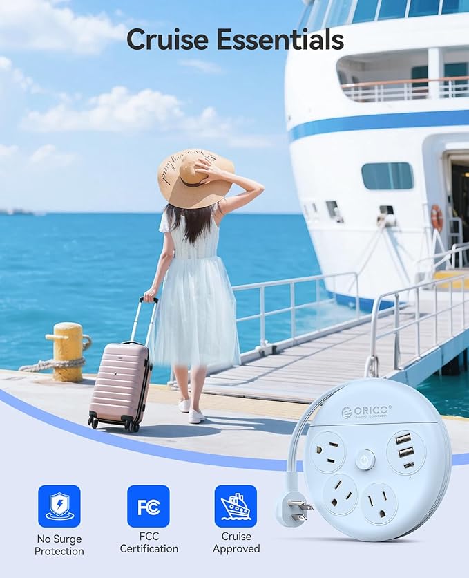 ORICO Travel Power Strip, 4Ft Flat Plug Extension Cord with 3 AC Outlets and 2 USB-A and 1 USB-C Charging Ports, Non-Surge Protector, Travel Essential for Cruise/Home/Office, Blue-OR