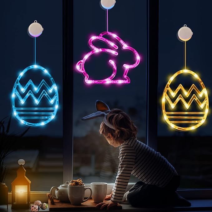 LOLStar Easter Window Decorations, Window Lights, 3 Pack Easter Egg and Bunny Shaped Pink Yellow Blue Hanging String Lights with Suction Cup, Battery Operated Indoor Lights for Home Decor