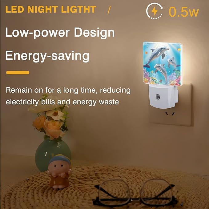 Night Light Dolphin in Colorful Underwater World Night Lights Plug into Wall Smart Dusk to Dawn Sensor 0.5W Energy Efficient Led Lamp for Men Women Bedroom Bathroom Hallway Stairway Decor