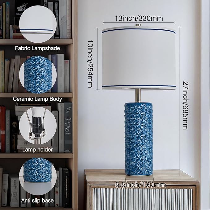 27" Farmhouse Bedside Table Lamp Set of 2, Bule Modern Ceramic Lamps for Living Room, 3 Color Temperature Rustic Table Lamps for Bedroom, Night Stands, Dorm,Office, Home Décor (Bulb Included)