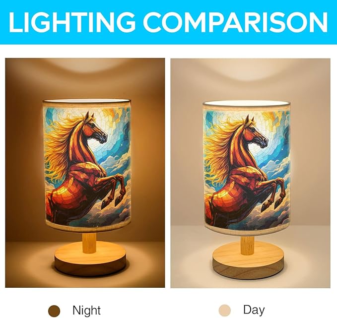 Horse Table Lamp LED 3-Color Pressed Bedside, Horse Shade Lamp with Wood Base for Bedroom Living Room Desk Office TL01