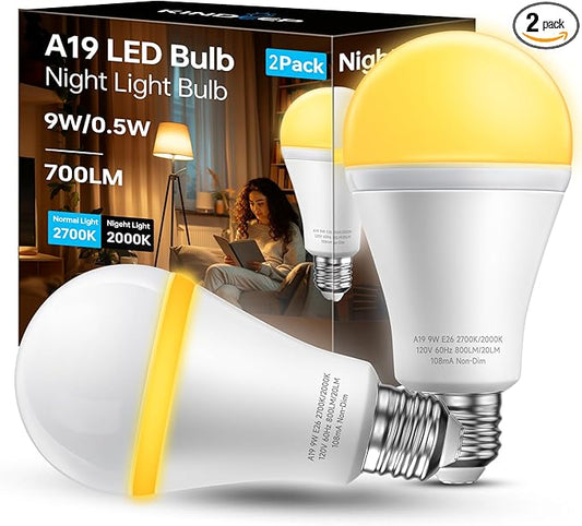KINDEEP Sleep Night Light Bulbs: E26 Blue Light Blocking Dim Bulbs with 2 Modes, 0.5W Amber Lights with 20lm 2000K, 9W Equivalent 60W, 800lm 2700K, Ideal for Lamp, Bedroom, Sleep & Nursery, 2 Pack