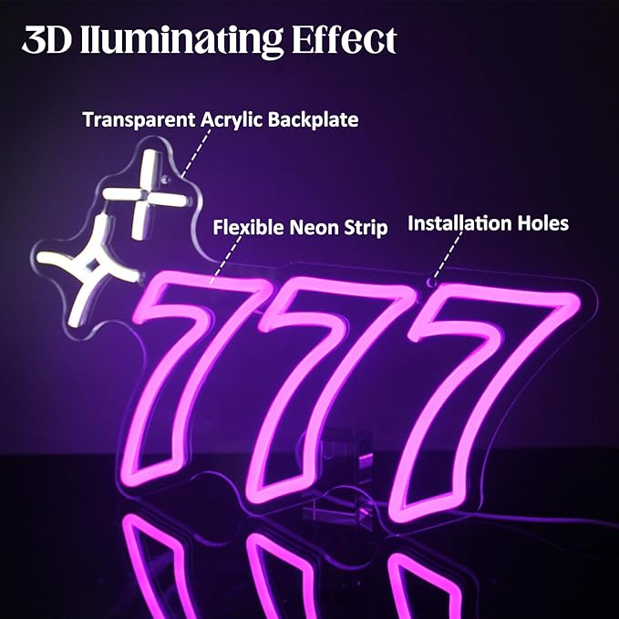 Purple 777 Neon Sign Angel Number Neon Lights Signs Lucky Number Seven LED Neon Signs for Wall Decor White Star Neon Wall Sign 777 Light Up Sign for Bedroom Dorm Birthday Party Y2k Room Decor