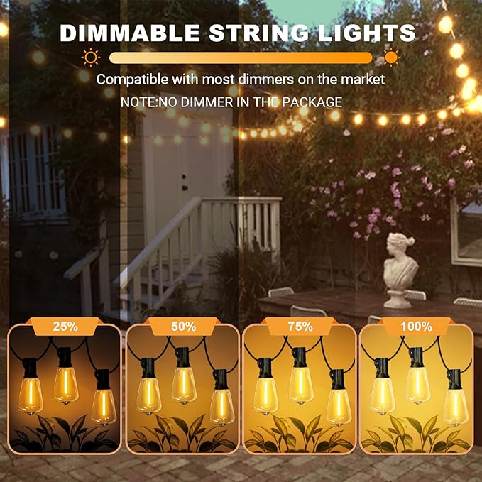 LAMPHOME Outdoor String Lights, 26FT Patio Lights with 12+1 ST38 LED Edison Bulbs (1 Spare), Connectable String Lights for Outside, Dimmable Hanging Light for Backyard Porch Decor, Warm White