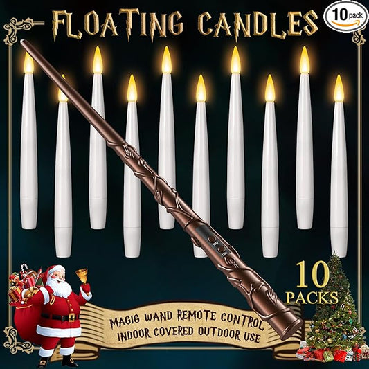 Floating Candles with Wand 10PCs - Magic Hanging Candles Christmas Decorations Flameless Taper Candles with Remote, Floating Lights Gifts for Window Home Bedroom Wedding Birthday Party Indoor Decor