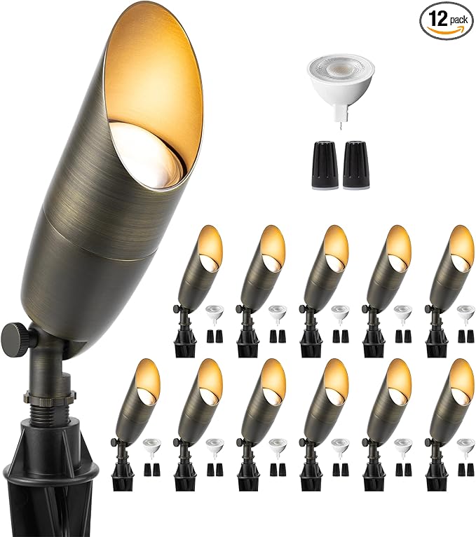 Gardenreet Outdoor Cast Brass Spot Flood Light - 12V LED Accent Uplighting Waterproof, Low Voltage Landscape Lights Metal, Bronze for Fence Fountain with Warm White MR16 Replaceable Bulbs (12 Pack)