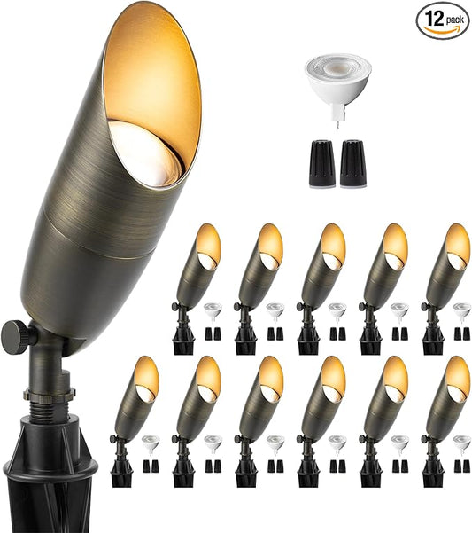 Gardenreet Outdoor Cast Brass Spot Flood Light - 12V LED Accent Uplighting Waterproof, Low Voltage Landscape Lights Metal, Bronze for Fence Fountain with Warm White MR16 Replaceable Bulbs (12 Pack)