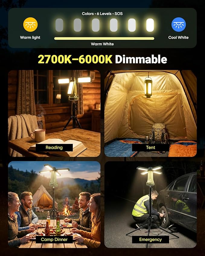 Portable Camping Light with Stand 67'' Rechargeable Work Light - 6500Lumen, 20000mAh Battery, 2700K-6000K Dimmable Camping Lattern with Magnetic Base for Camping, Garage, Emergency