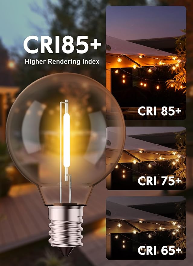 G40 Led Replacement Light Bulbs 1W Shatterproof Globe Bulb fits E12 Candelabra Screw Base, 1.5 Inch Dimmable Light Bulbs for Indoor Outdoor String Lights, Patio Cafe Decor, Warm White, 25 Pack