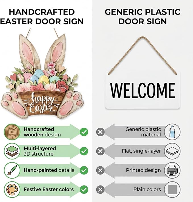 Happy Easter Door Decorations Hanging Sign for Decor for Frontdoor 11.8 Easter Eggs Hanging Plaque Bunny Rabbit Sign Wall Hanger Floral Spring Decor for Front Door Porch Yard Wall Home Decorations