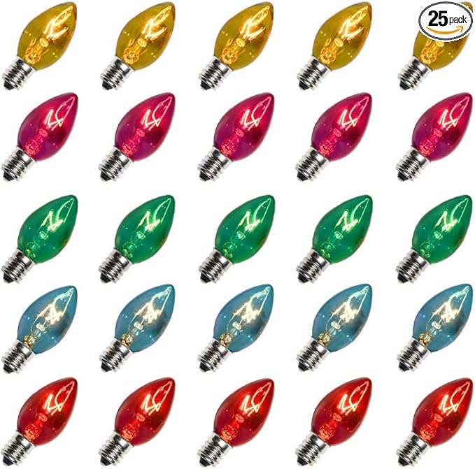 25 Pack C7 Multi-Color Christmas Replacement Bulbs C7 Clear Outdoor String Light Replacement Bulbs, C7/E12 Candelabra Base, 5 Watt