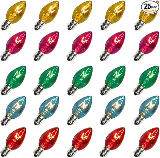25 Pack C7 Multi-Color Christmas Replacement Bulbs C7 Clear Outdoor String Light Replacement Bulbs, C7/E12 Candelabra Base, 5 Watt