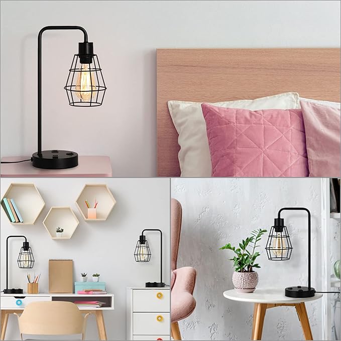 BTY USB Edison Table Lamp Set of 2, Bedside Nightstand Desk Lamps with Dual USB Charging Ports and 2 Prong AC Outlet Metal Wire Cage Industrial Reading Table Lamp for Bedroom Living Room Farmhouse