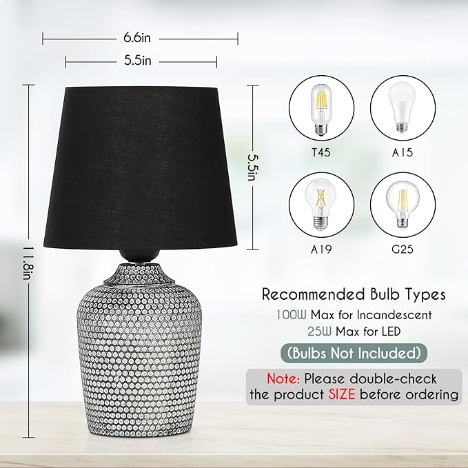 Sucolite 11.8'' Small Table Lamps Set of 2, Bedside Nightstand Lamps for Bedroom Kid’s Room, Cute Desk Lamps with Studded Texture Base for Reading Nursery Living Room Office, Black