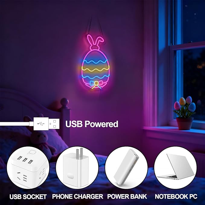 Easter Egg Neon Sign - Hidden Bunny & Colorful Eggs LED Wall Decor, USB Dimmable Spring Decor with Surprise Rabbit Design - Magical Easter Decorations for Home & Party