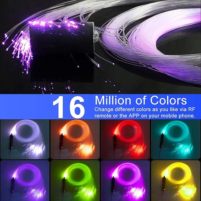 AZIMOM 6W Bluetooth/APP Control RGBW Fiber Optic Lights Star Ceiling Kit Sensor Music Mode Sensor Light Source with Remote 200pcs 0.03in 6.5ft Fiber Strands for Car & Home interior Decoration