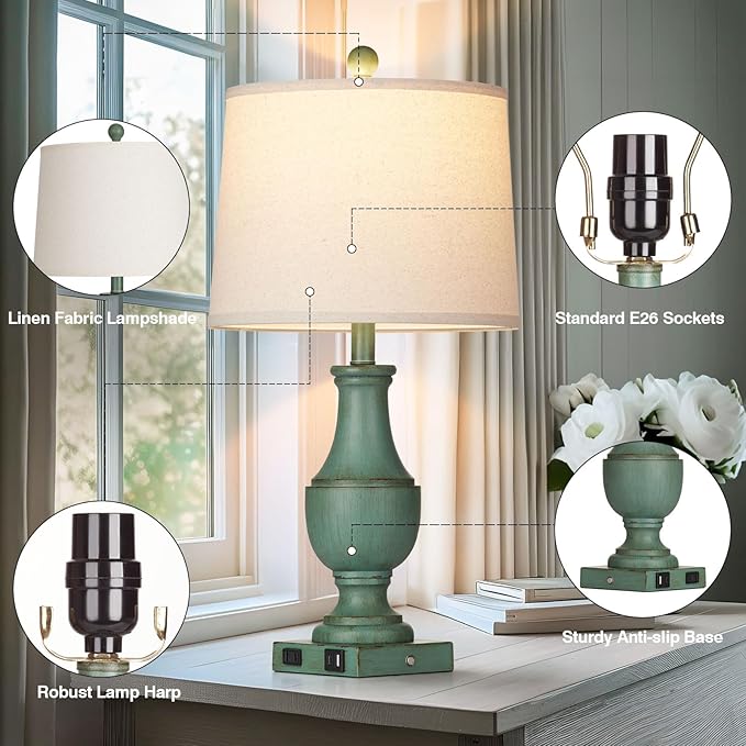 Farmhouse Table Lamps for Living Room, Rustic Touch Control Bedside Lamps with USB A+C Charging Ports & AC Outlet, Vintage 3-Way Dimmable Traditional Classic Nightstand Lamp for Bedroom Office Green