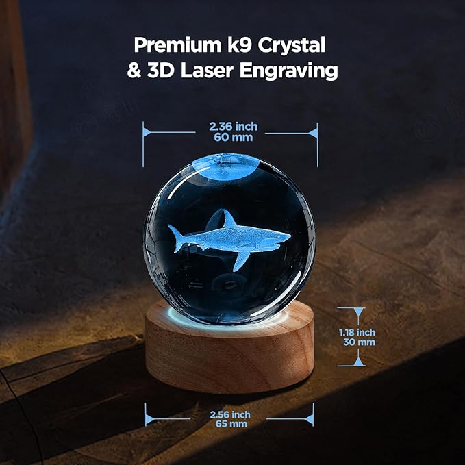 3D Shark Crystal Ball Night Light with 16 Color, Cool 60mm Shark Sea Animal Glass Figurines Lamp with Remote Shark Toy Room Table Decor Birthday Christmas Gifts for Boys Girls Kids