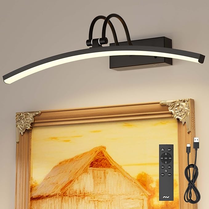 PAIHOME Lights for Pictures on Wall, Rechargeable Magnetic Picture Light with Smart Motion Sensor, Remote Dimmable & Timer, ‌16in Wireless Black Art Lighting for Paintings Gallery Portraits