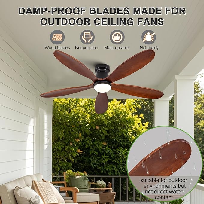48 Inch Ceiling Fans with Lights and Remote, Low Profile Flush Mount Modern Wood Ceiling Fan with Light, 5 Blades, Dimmable, Wall Switch, 6 Speed DC Motor, Indoor Outdoor Ceiling Fan