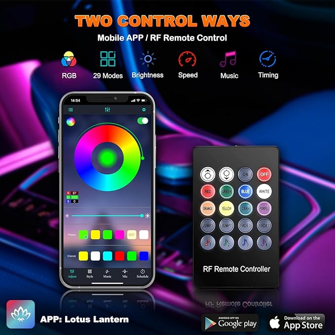 Interior Car LED Strip Lights with Wireless APP and Remote Control, RGB 5 in 1 Ambient Lighting Kits with 236 inches Fiber Optic, 16 Million Colors Car Neon Lights, Sync to Music