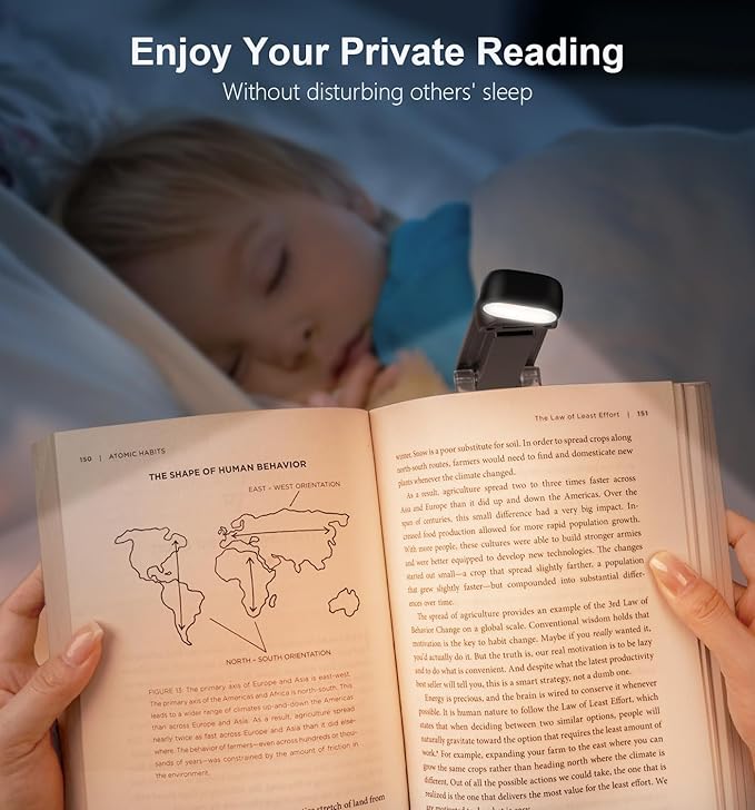 Gritin Reading Light, Book Light for Reading in Bed - Eye Caring 3 Colors, 5-Level Dimmable Brightness,Long Lasting, Compact Size Rechargeable Clip on Book Reading Light for Book Lovers-Black