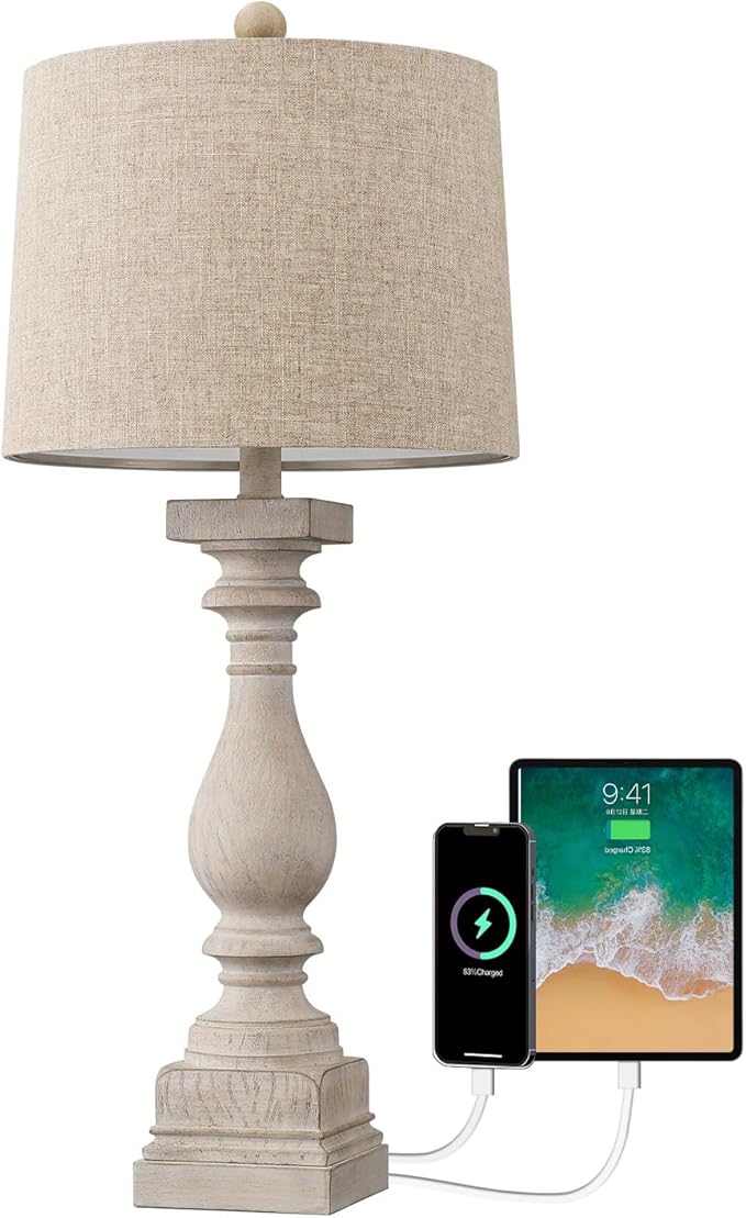 BOBOMOMO Retro 27" USB Charging Ports A/C Wash-White Farmhouse Lamps for Bedrooms Side Table Lamps Bedside Lamp for Nightstand Living Room 1 Pack