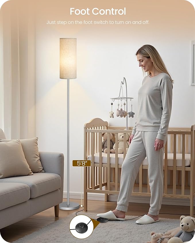 Dimmable Floor Lamps for Living Room with Remote and Foot Switch, 64.4” Modern Standing Tall Lamp, Corner Lamp for Bedroom, Office, Bulb Included, 3000K-6500K, Beige and Silver, FCC Listed SE06LD05W1