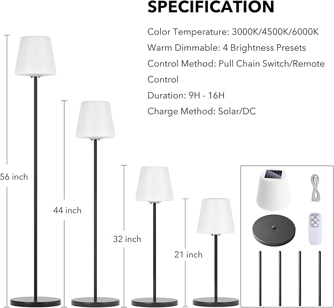 Outdoor Floor Lamp, 100% Solar Powered Floor Lamp for Patio Decks Lawn Pool Garden Outdoor Spaces, Fully Weatherproof