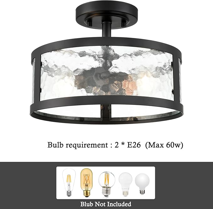 Farmhouse Semi Flush Mount Ceiling Light Black Light Fixtures Ceiling Mount 2-Light with Hammered Glass for Bedroom Kitchen Bathroom Entryway Proch