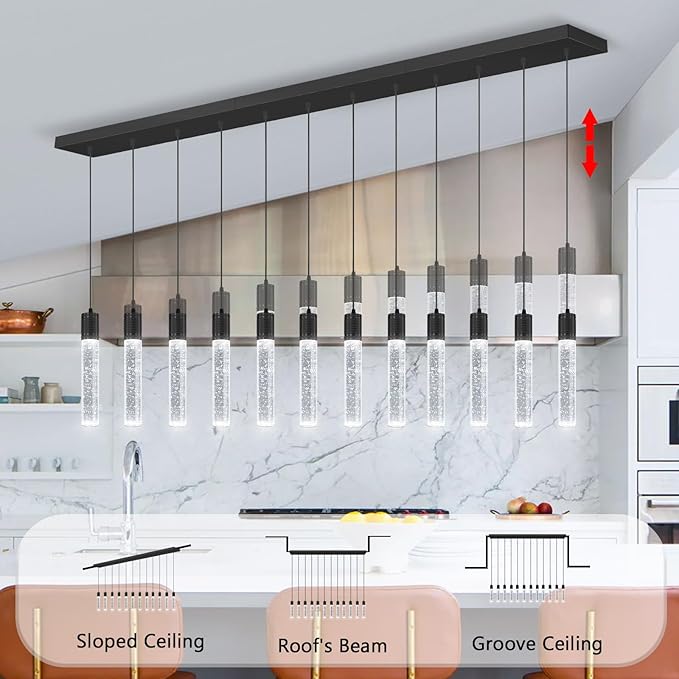 Modern Crystal Chandeliers LED Pendant Light for Kitchen Island Dining Room Entrance Foyer Living Room 6000K Black