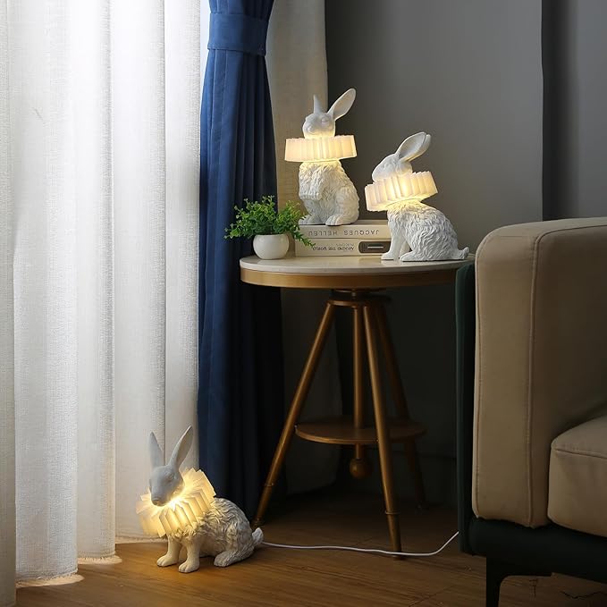 White Rabbit Lamp,Resin Crafted Scarf Bunny Table Lamp Featuring White Pleated PC Lampshade,USB Plug, Energy-Efficient Kids Nightstand Lamp
