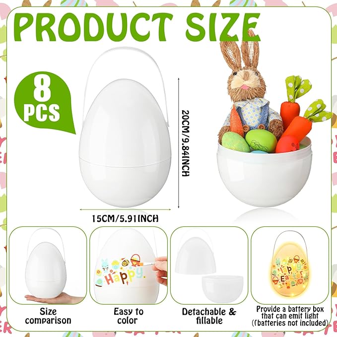 8 Sets Jumbo Easter Egg Plastic Fillable 10 Inch Giant Paintable Eggs with Handles Large White DIY Containers Paint Your Own Egg Lamp Kit for Easter Decor Basket Stuffers Fillers