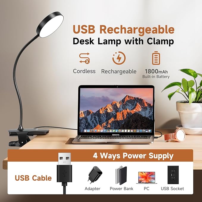 Mubarek Clip on Lamp,5 Brightness+5 Color Clip on Light,200LM 36 LED Reading Lights for Books in Bed,1800mAh Battery Powered Lamp Battery Operated Lights,Rechargeable Desk Lamp with Clamp Light